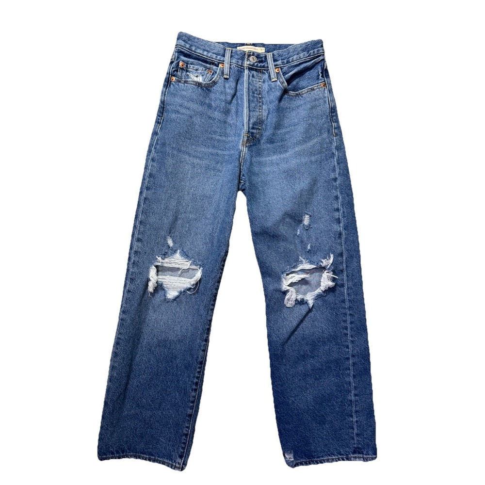 Levis Women's Ribcage Straight Ankle Jeans -Distressed Med Wash Sz 27 Button Fly